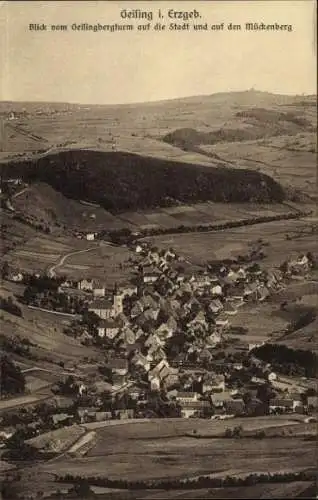 Ak Geising Altenberg im Erzgebirge, Blick vom Geisingbergturm auf die Stadt und auf den Mückenberg