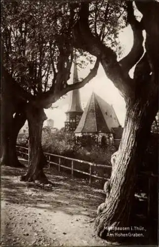 Ak Mühlhausen in Thüringen, am Hohen Graben, Kirchturm