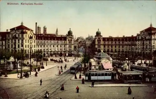 Ak München, Karlsplatz-Rondel, Straßenbahnen