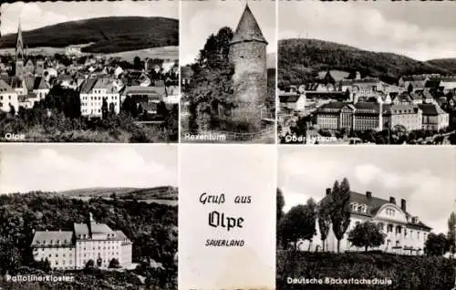 Ak Olpe Meschede im Sauerland, Hexenturm, Bäckerfachschule, Pallotinerkloster, Ober Lyzeum, Ort