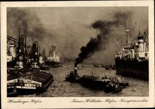 Ak Hamburg, Kaiser Wilhelm Hafen, Kronprinzenkai, Binnenschiffe, Dampfer, Schlepper