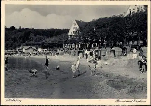 Ak Glücksburg in Schleswig Holstein, Strand und Kurhaus