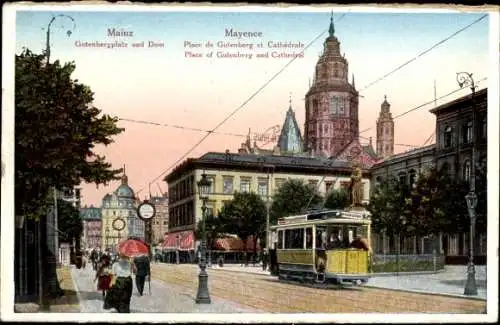 Ak Mainz am Rhein, Gutenbergplatz und Dom, Straßenbahn 38