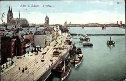 Ak Köln am Rhein, Leystapel, Teilansicht, Brücke, Dampfer