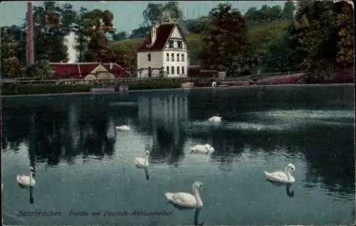 Ak Saarbrücken im Saarland, Partie am Deutsch Mühlenweiher mit Schwänen