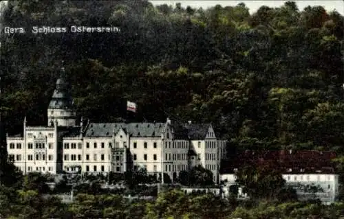 Ak Gera, Blick auf Schloss Osterstein, Fahne, Waldhang, Fenster, Uhr