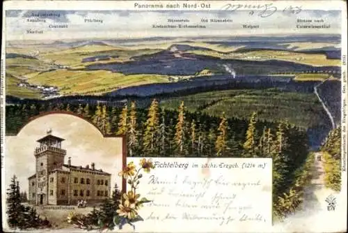 Litho Oberwiesenthal Erzgebirge Sachsen, Panorama nach Nordost, Unterkunftshaus auf d. Fichtelberg