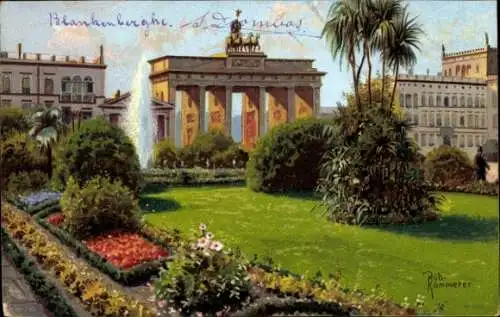 Künstler Litho Kämmerer, Rob., Berlin, Das Brandenburger Tor, Parkanlage