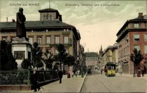 Ak Mainz in Rheinland Pfalz, Gutenberg Denkmal und Ludwigstraße, Tram 6