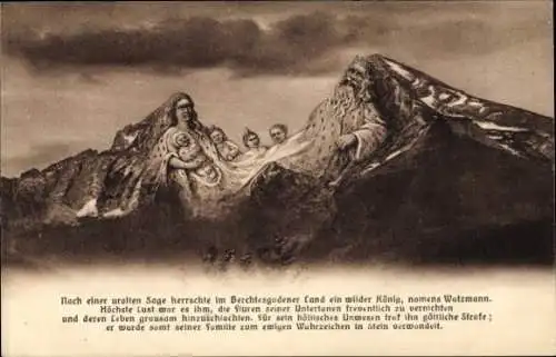 Künstler Ak Berchtesgaden in Oberbayern, König Watzmann mit Familie, Berggesichter