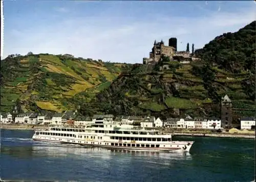 Ak Sankt Goarshausen am Rhein, Burg Katz, Motorschiff MS Rhein, Salondampfer