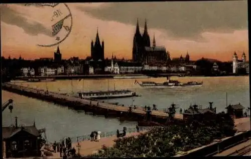 Ak Köln am Rhein, Totalansicht, Brücke, Boote, Dom