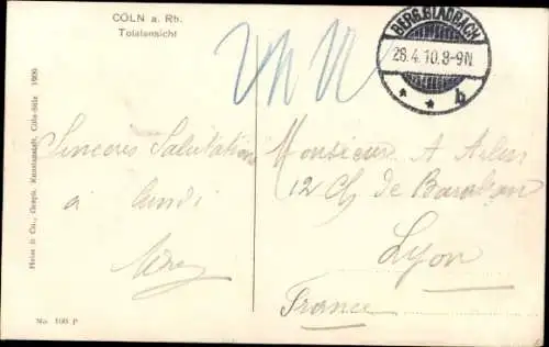 Ak Köln am Rhein, Totalansicht, Brücke, Boote, Dom