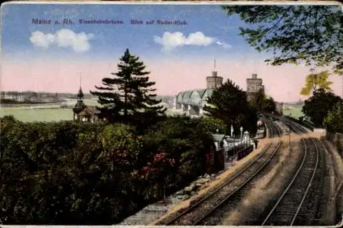 Ak Mainz am Rhein, Eisenbahnbrücke, Ruder-Klub