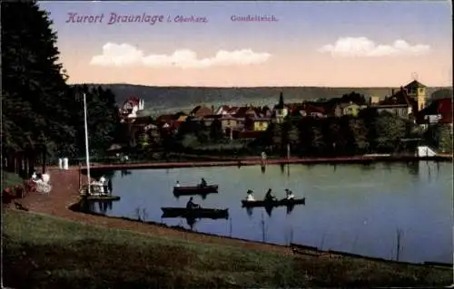 Ak Braunlage im Oberharz, Blick über den Gondelteich zum Ort