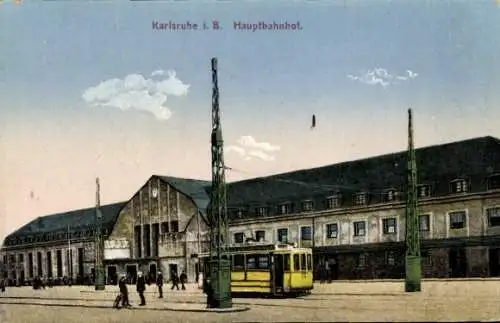 Ak Karlsruhe in Baden Württemberg, Hauptbahnhof, Straßenbahn