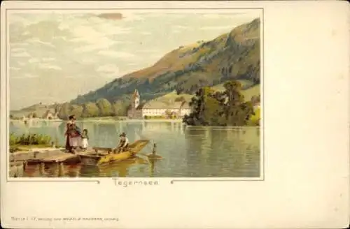 Künstler Litho Tegernsee Kreis Miesbach Oberbayern, Bootsanlegestelle, Haus