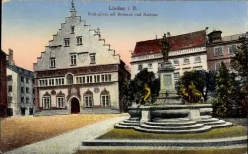 Ak Lindau am Bodensee Schwaben, Reichsplatz mit Brunnen und Rathaus