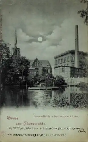 Mondschein Ak Eberswalde in der Mark, Lorenzmühle, Katholische Kirche