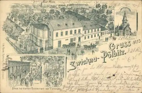 Litho Pölbitz Zwickau in Sachsen, Gasthaus, Gartenrestaurant, Moritzkirche