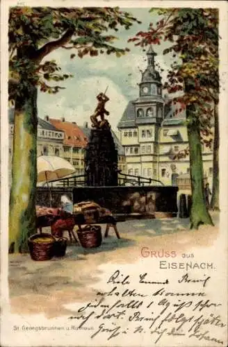 Litho Lutherstadt Eisenach in Thüringen, St. Georgsbrunnen und Rathaus