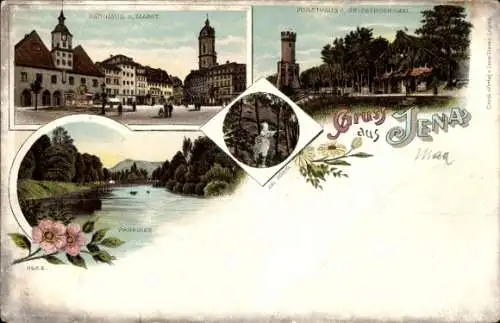 Litho Jena in Thüringen, Rathaus, Markt, Forsthaus, Kriegerdenkmal, Paradies