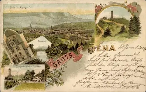 Litho Jena in Thüringen, Fuchsturm, Kriegerdenkmal, Forsthaus, Burgkeller, Paradies