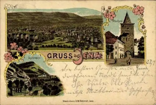 Litho Jena in Thüringen, Affenturm, Sophienhöhe, Panoramablick auf die Stadt