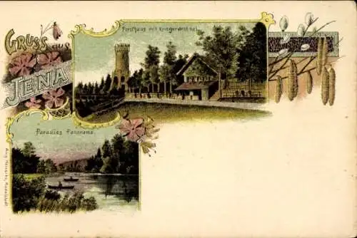 Litho Jena in Thüringen, Paradies, Forsthaus, Kriegerdenkmal