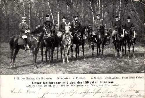 Ak Kaiser Wilhelm II., Kaiserin Auguste Viktoria, Kronprinz, Adalbert, Eitel Friedrich, Pferde