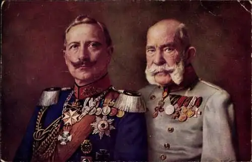 Künstler Ak Kaiser Wilhelm II., Kaiser Franz Joseph I., Portrait, Orden, Uniform