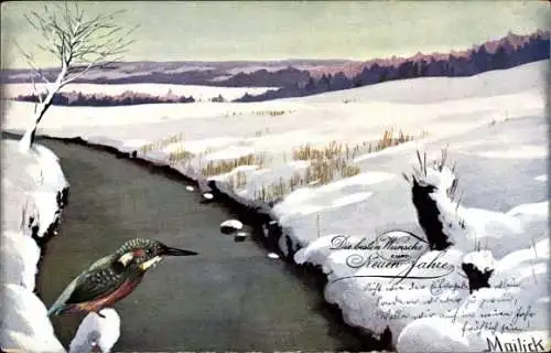 Künstler Ak Mailick, Winterlandschaft, Eisvogel