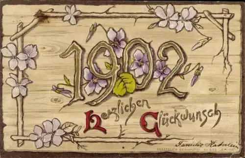 Präge Ak Glückwunsch Neujahr, Jahreszahl 1902, Veilchenblüten