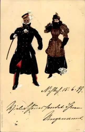 Litho Liebespaar, Soldat in Uniform, Winterkleidung