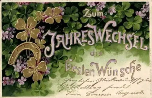 Präge Ak Glückwunsch Neujahr, Glücksklee, Blumen, Hufeisen