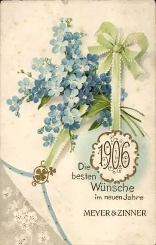 Präge Litho Vergissmeinnichtblüten mit grüner Schleife, Kleeblatt