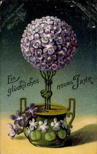 Präge Litho Glückwunsch Neujahr, Blumenvase mit Veilchen