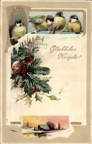 Präge Ak Glückwunsch Weihnachten, Vögel und Tannenzweige, Meisen