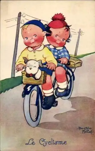 Künstler Ak Mallet, Beatrice, Le Cyclisme, Junge, Mädchen, Fahrrad, Tandem, Hund