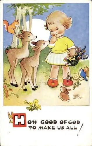 Künstler Ak Attwell, Mabel Lucy, Mädchen mit Blumenkorb, Rehe, Vögel, Eichhörnchen