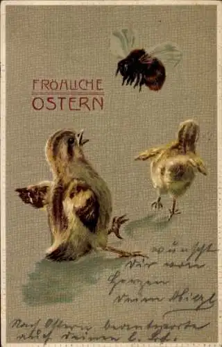 Präge Ak Glückwunsch Ostern, Joyeuses Pâques, Küken, Hummel