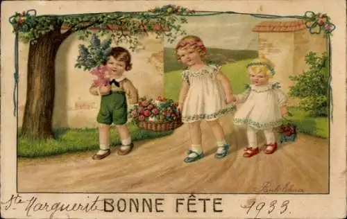 Künstler Litho Ebner, Pauli, Glückwunsch Pfingsten, Kinder mit Blumen