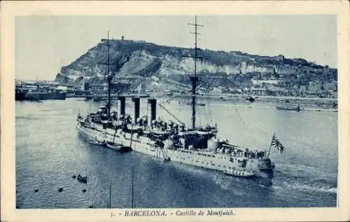 Ak Japanisches Kriegsschiff, Panzerkreuzer Yakumo in Barcelona Katalonien, Castillo de Montjuich