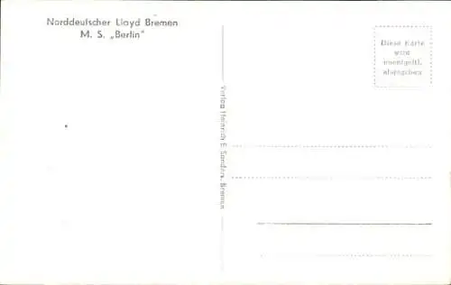 Ak Dampfschiff MS Berlin, Norddeutscher Lloyd Bremen, Ansicht Steuerbord