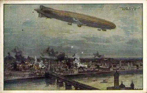 Künstler Ak Schulze, Hans Rudolf, Zeppelin, Luftschiff Schütte Lanz, Warschau bombardierend, I. WK