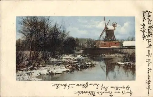 Ak Flusspartie mit Windmühle im Winter