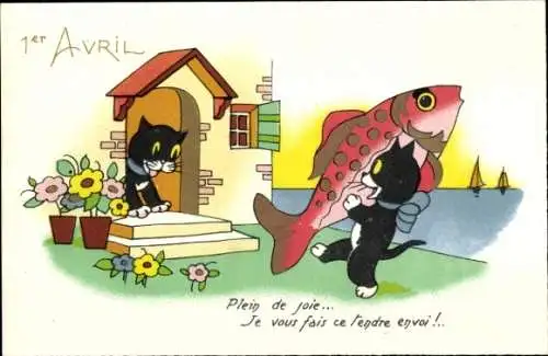 Ak 1 April, 1er Avril, Katzen mit Fisch