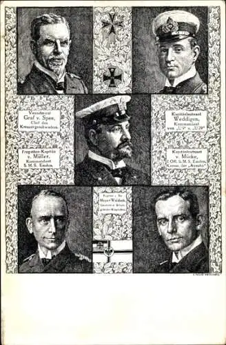 Künstler Ak Vizeadmiral v. Spee, Kapitänleutnant Weddigen, Fregattenkapitän v. Müller, v. Mücke