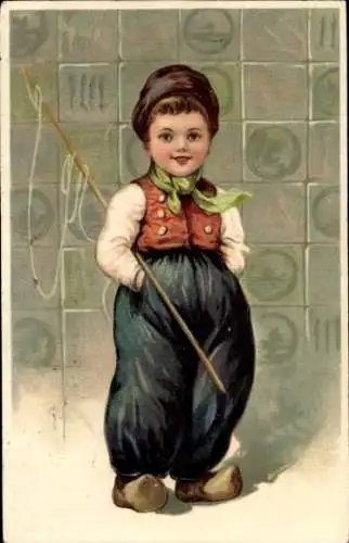 Präge Litho Kleiner Junge in Tracht, Fliesen, Holzschuhe