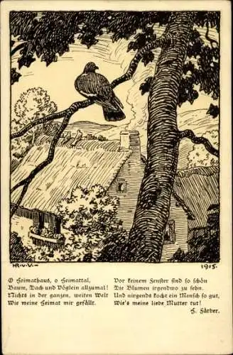 Gedicht Ak Färber, O Heimathaus, o Heimattal, Taube auf einem Ast